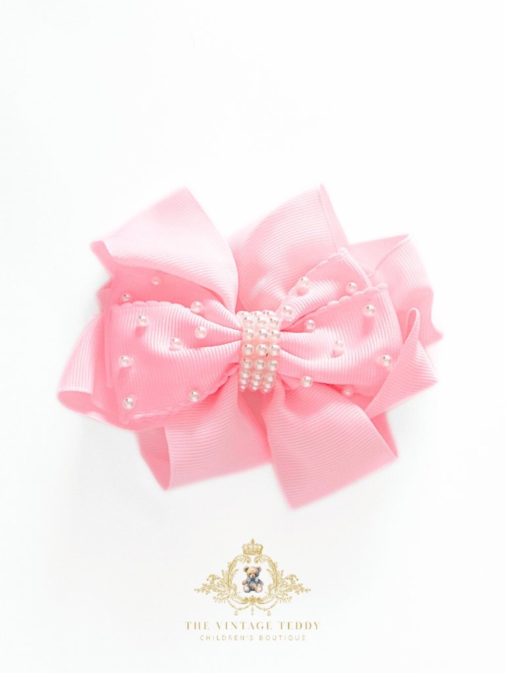 NWT Pretty Girls Hair Bow Grosgrain Ribbon Bubble Gum Pink with Pearls 5” Inch